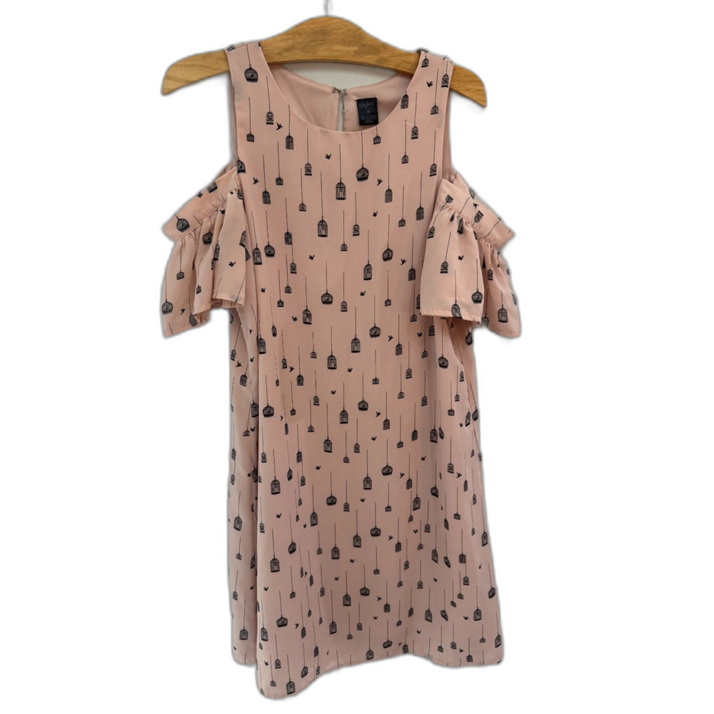 City Streets Birdcage Print Dress Size 6 Pink Cold Shoulder Mini